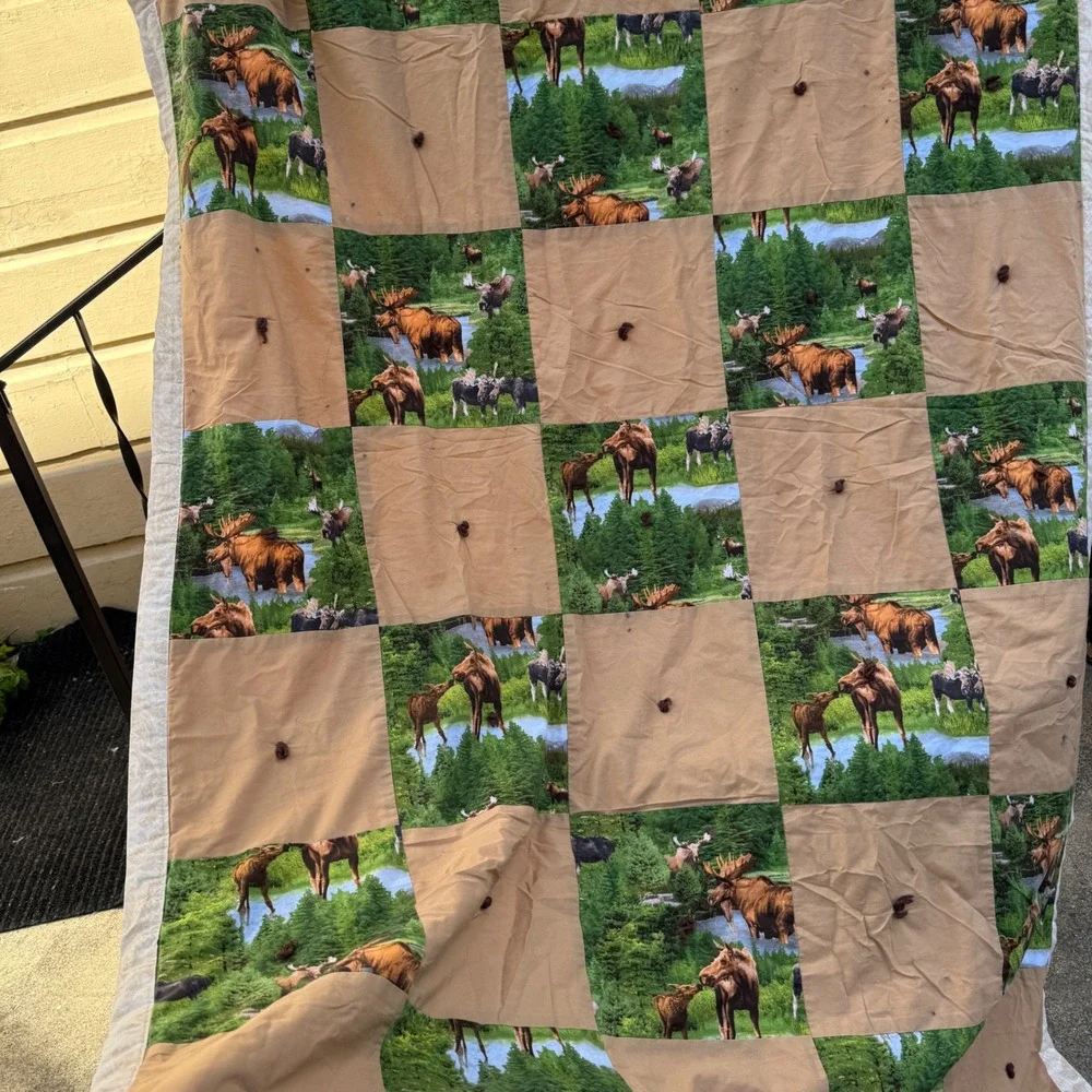 Handmade Vintage Moose Patchwork Quilt Blanket Brown Green Rustic Cabin Lodge